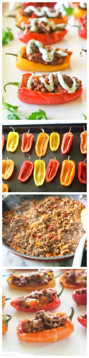 Recipe for mini taco stuffed peppers: stuff the mini bell peppers with ground meat and drizzle them with cilantro cream sauce.