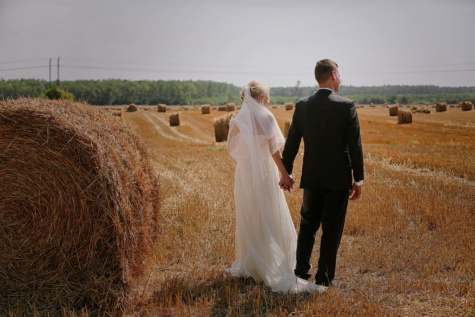 field, agricultural, hay field, groom, bride, haystack, hay, rural, summer, landscape